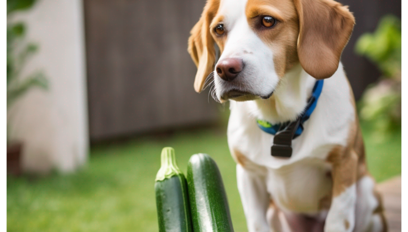 This image shows a beagle sitting on a wooden table with several zucchinis in front of it. The dog is looking at the camera with a curious expression on its face. The background is a green lawn with some trees in the distance.