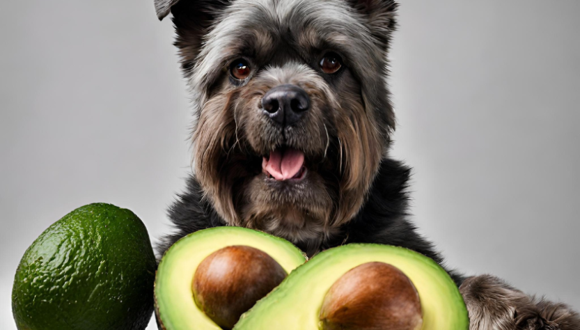The image shows a dog and an avocado
